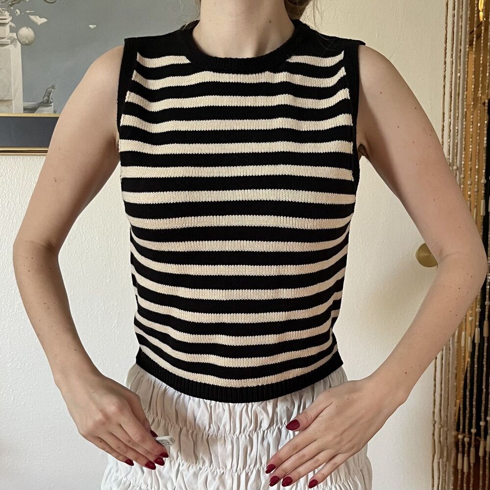 Black and White Horizontal Stripe Knit Sweater Sleeveless Top Size S Work